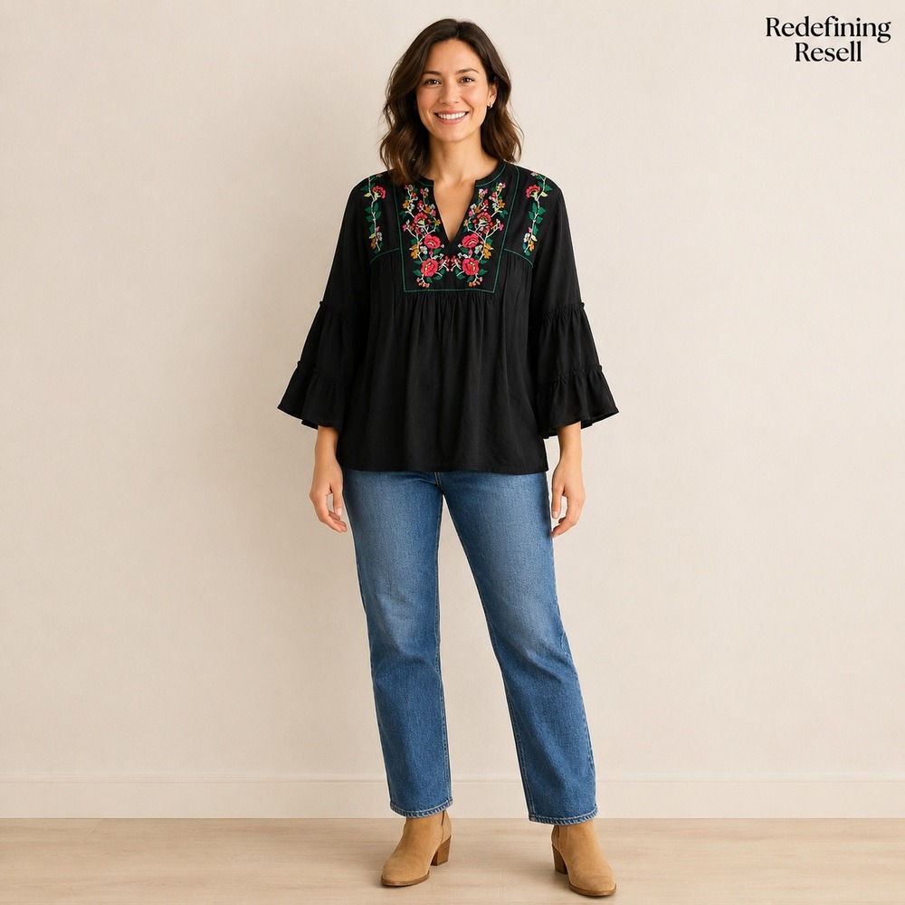 LOFT Petites Black Floral Embroidered Boho Bell Sleeve Blouse MP Medium Petite
